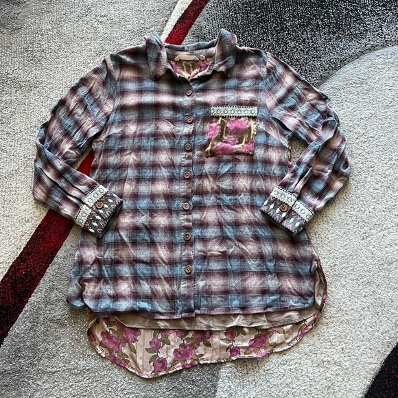 Soft Surroundings Rosebay Embroidered Velvet Floral Plaid Shirt - Picture 1 of 5